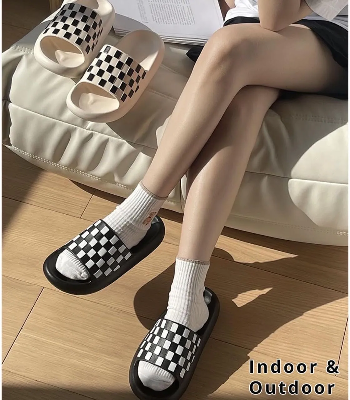 Classic Cloud Pillow Checkered Slides with Comfy Cushioned Thick Sole Platform Non-Slip Quick Drying Open Toe Home House Bathroom Bedroom Lightweight EVA Sandals Indoor and Outdoor Shoes for Women and Men