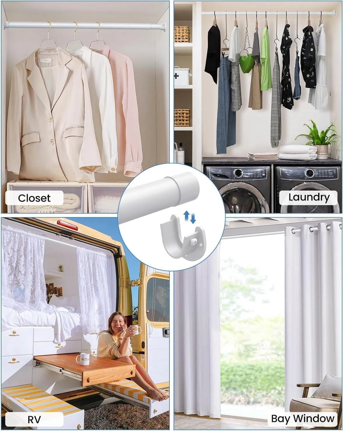 Closet Rods for Hanging Clothes, 17 to 69 Inches Stepless Adjustable Metal Closet Rod, 1.3 Inches Heavy Duty Clothes Hanging Rod for Closet Wardrobes Laundry RV, White
