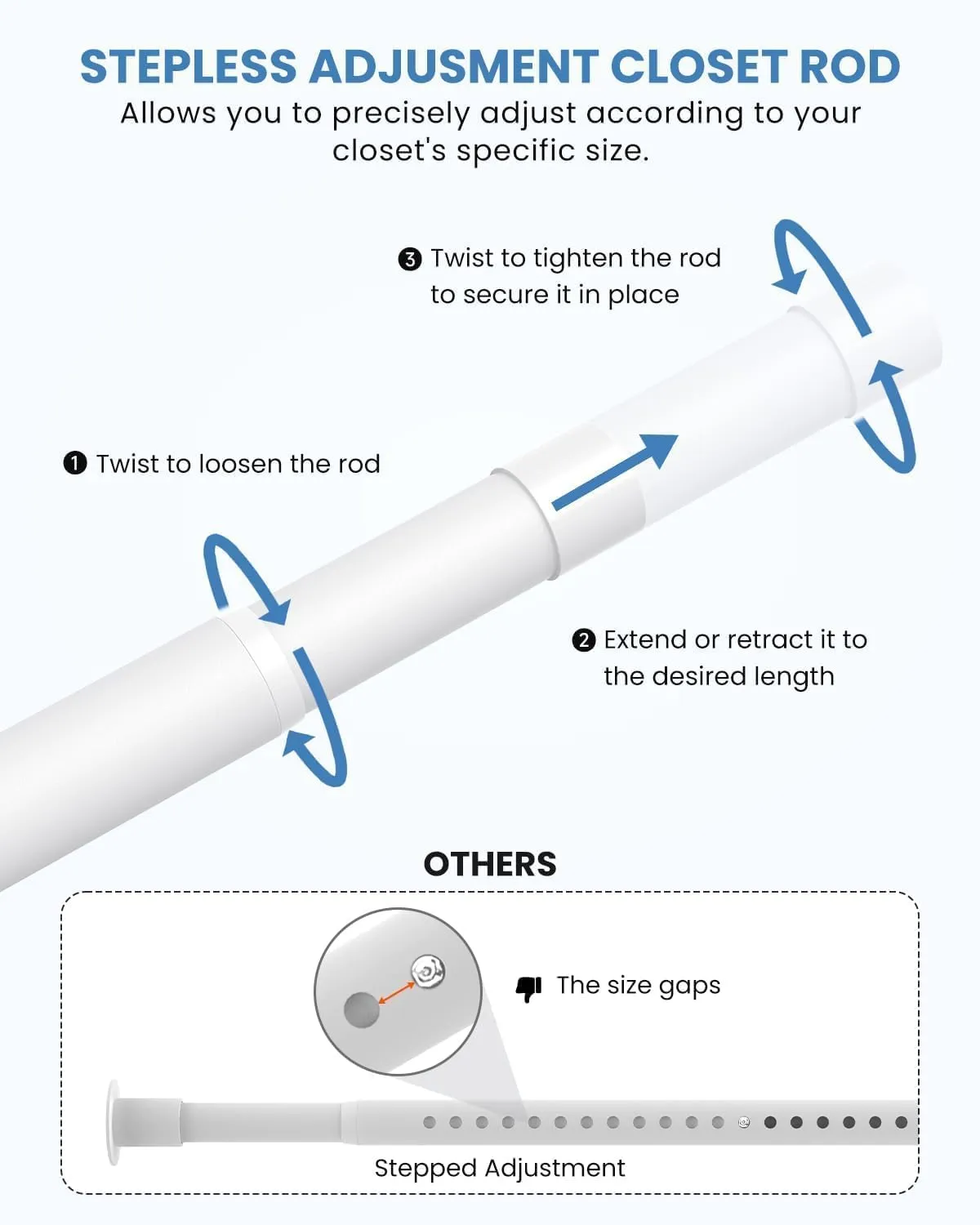 Closet Rods for Hanging Clothes, 17 to 69 Inches Stepless Adjustable Metal Closet Rod, 1.3 Inches Heavy Duty Clothes Hanging Rod for Closet Wardrobes Laundry RV, White