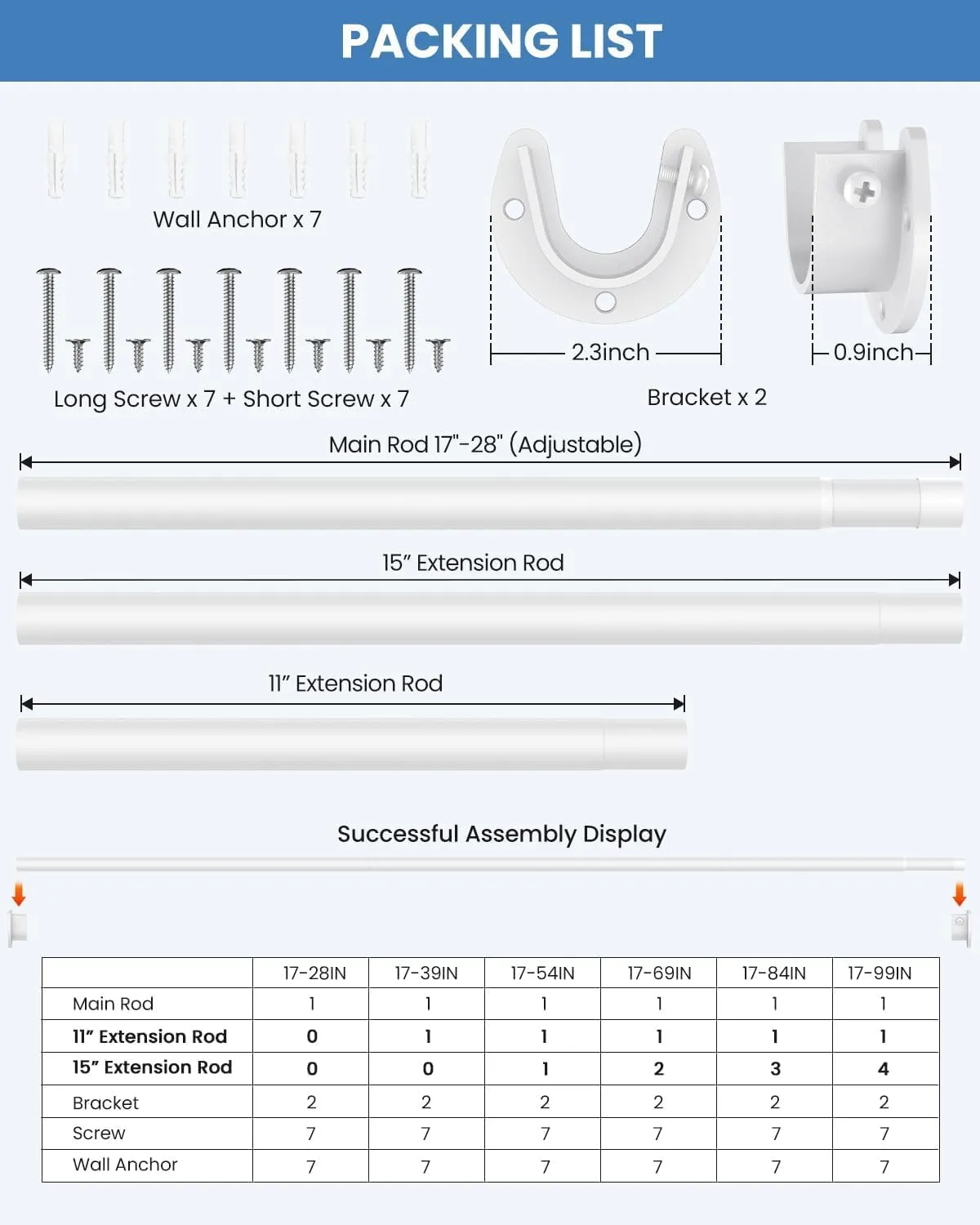 Closet Rods for Hanging Clothes, 17 to 69 Inches Stepless Adjustable Metal Closet Rod, 1.3 Inches Heavy Duty Clothes Hanging Rod for Closet Wardrobes Laundry RV, White