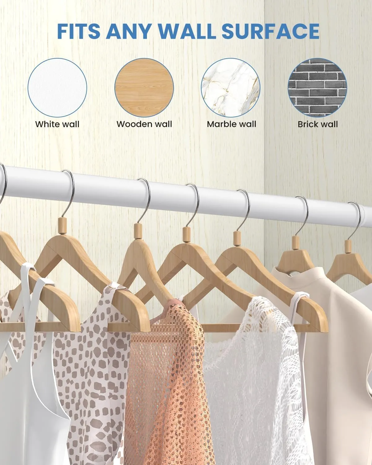 Closet Rods for Hanging Clothes, 17 to 69 Inches Stepless Adjustable Metal Closet Rod, 1.3 Inches Heavy Duty Clothes Hanging Rod for Closet Wardrobes Laundry RV, White