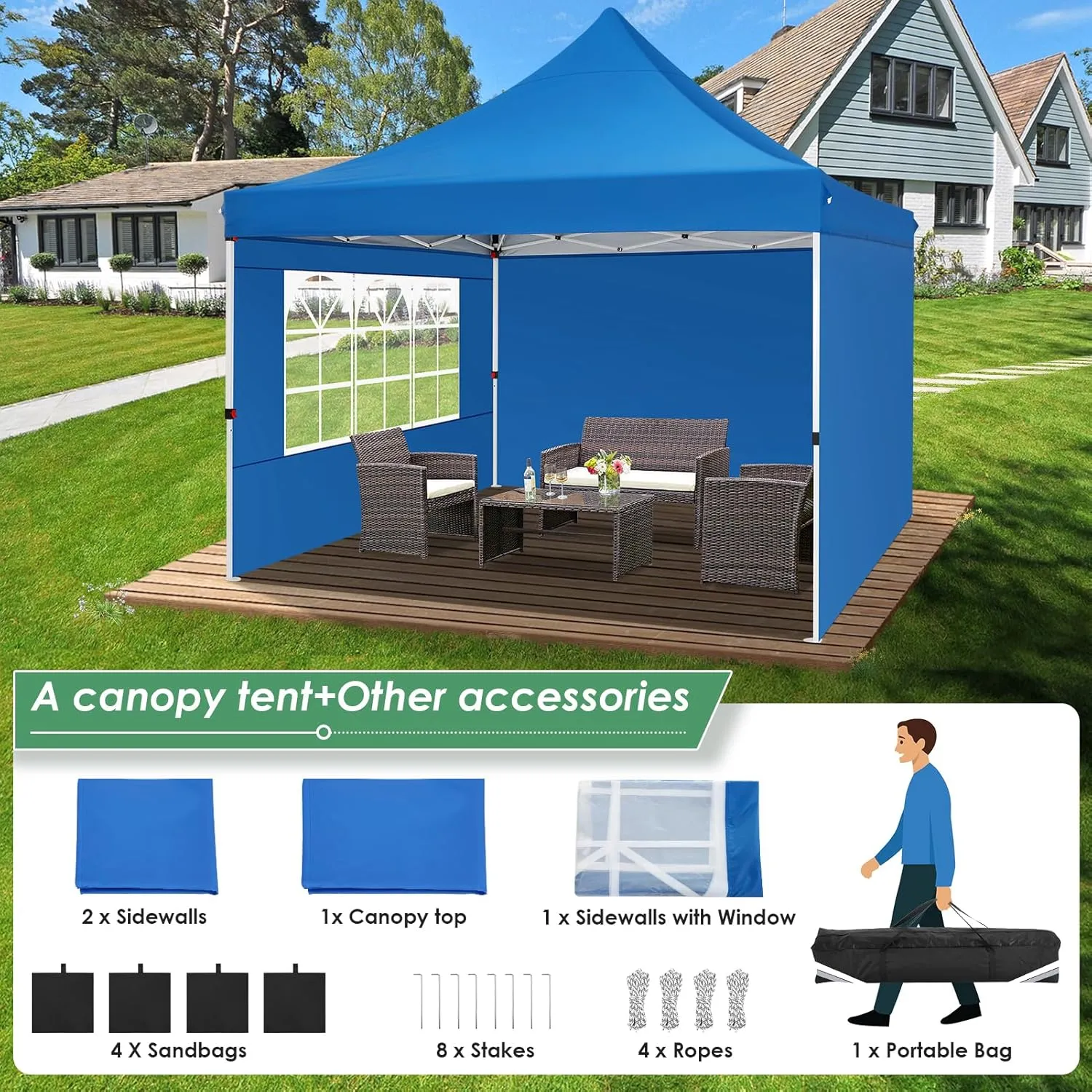 COBIZI Canopy 10x10 Pop Up Canopy Tent with 3 Sidewalls, Commercial Party Tent Ez Waterproof Outdoor Instant Gazebo UV 50  Event Shelter, Garden Tents for Parties Camping with Sandbags，Blue