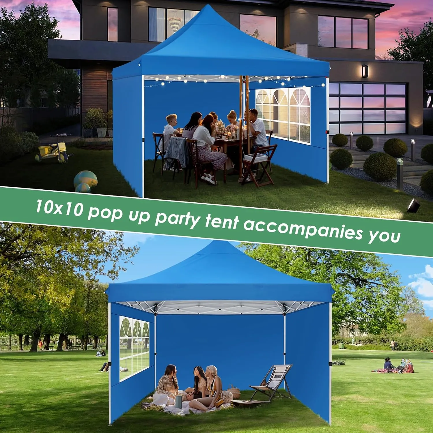 COBIZI Canopy 10x10 Pop Up Canopy Tent with 3 Sidewalls, Commercial Party Tent Ez Waterproof Outdoor Instant Gazebo UV 50  Event Shelter, Garden Tents for Parties Camping with Sandbags，Blue
