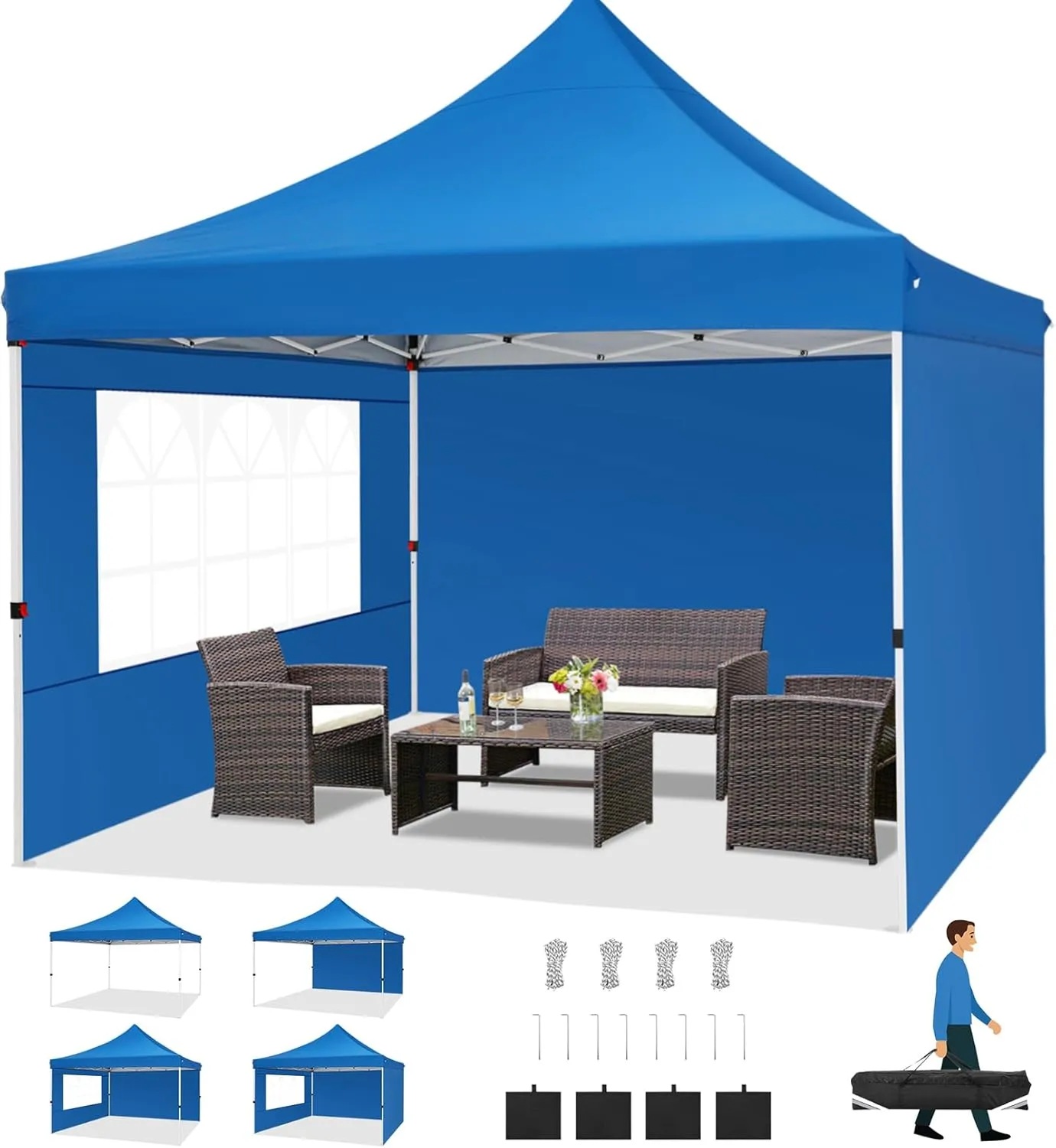 COBIZI Canopy 10x10 Pop Up Canopy Tent with 3 Sidewalls, Commercial Party Tent Ez Waterproof Outdoor Instant Gazebo UV 50  Event Shelter, Garden Tents for Parties Camping with Sandbags，Blue