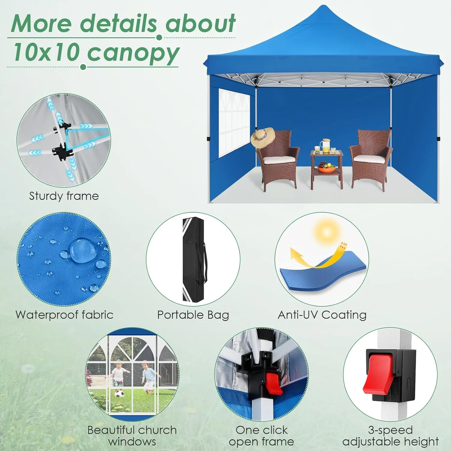 COBIZI Canopy 10x10 Pop Up Canopy Tent with 3 Sidewalls, Commercial Party Tent Ez Waterproof Outdoor Instant Gazebo UV 50  Event Shelter, Garden Tents for Parties Camping with Sandbags，Blue