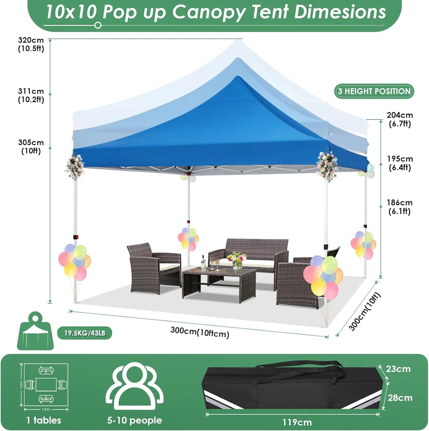 COBIZI Canopy 10x10 Pop Up Canopy Tent with 3 Sidewalls, Commercial Party Tent Ez Waterproof Outdoor Instant Gazebo UV 50  Event Shelter, Garden Tents for Parties Camping with Sandbags，Blue