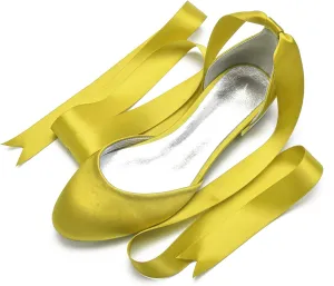 COMFASH Ballet Flats Satin Comfortable Closed Toe Ribbon Tie Women Bride Wedding Shoes
