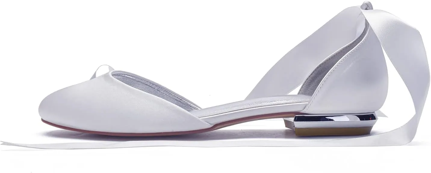 COMFASH Ballet Flats Satin Comfortable Closed Toe Ribbon Tie Women Bride Wedding Shoes