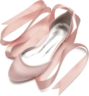COMFASH Ballet Flats Satin Comfortable Closed Toe Ribbon Tie Women Bride Wedding Shoes