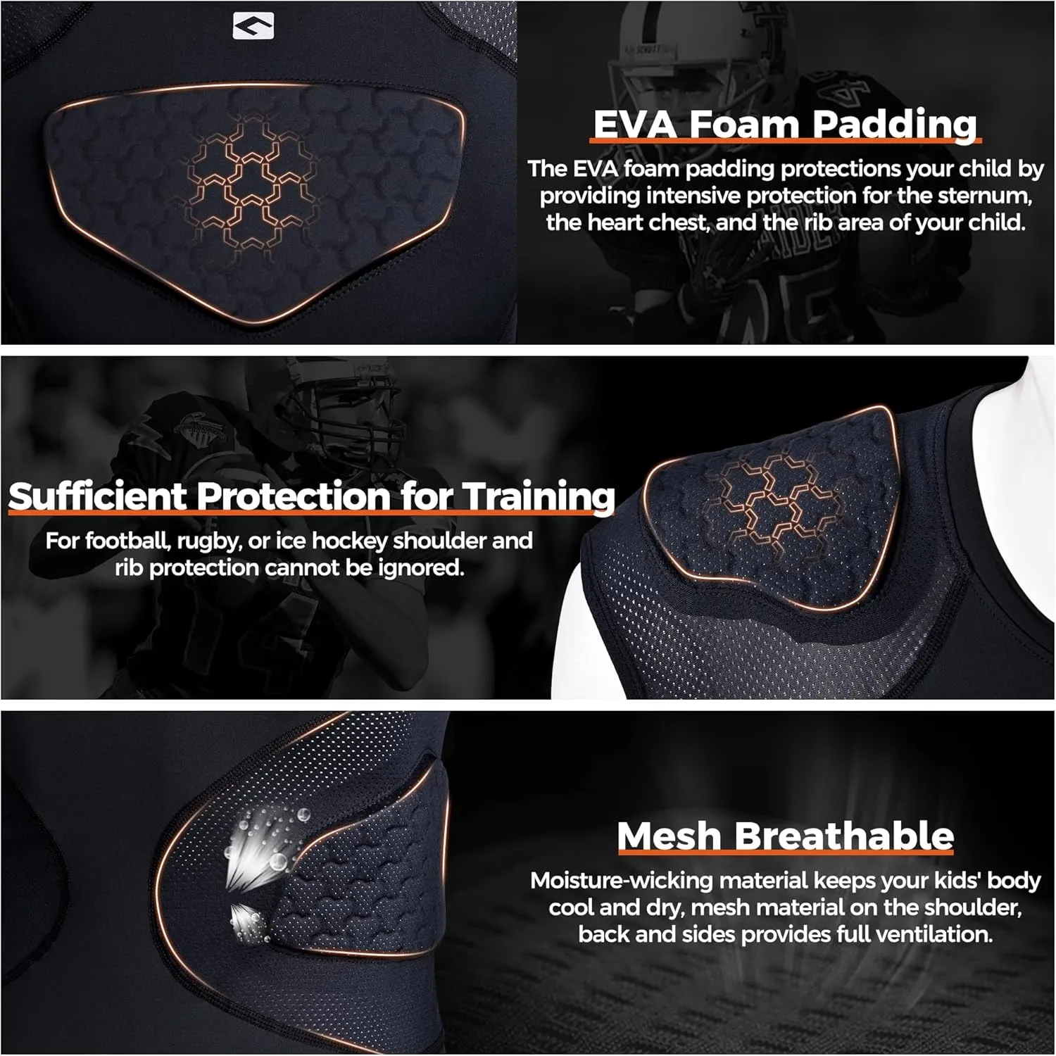 COOLOMG Youth Football Padded Shirt Chest Rib Protector Heart Sternum Shoulder Protection for Rugby Lacrosse