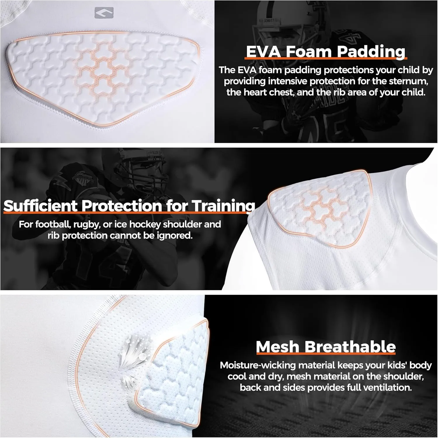 COOLOMG Youth Football Padded Shirt Chest Rib Protector Heart Sternum Shoulder Protection for Rugby Lacrosse