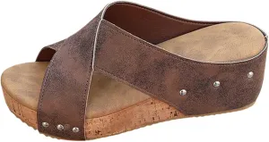 Cork Wedge Sandals for Women 2025 Summer Casual Trendy Comfy Wide Foot Thick Sole Leather Wedge Platform Sandals