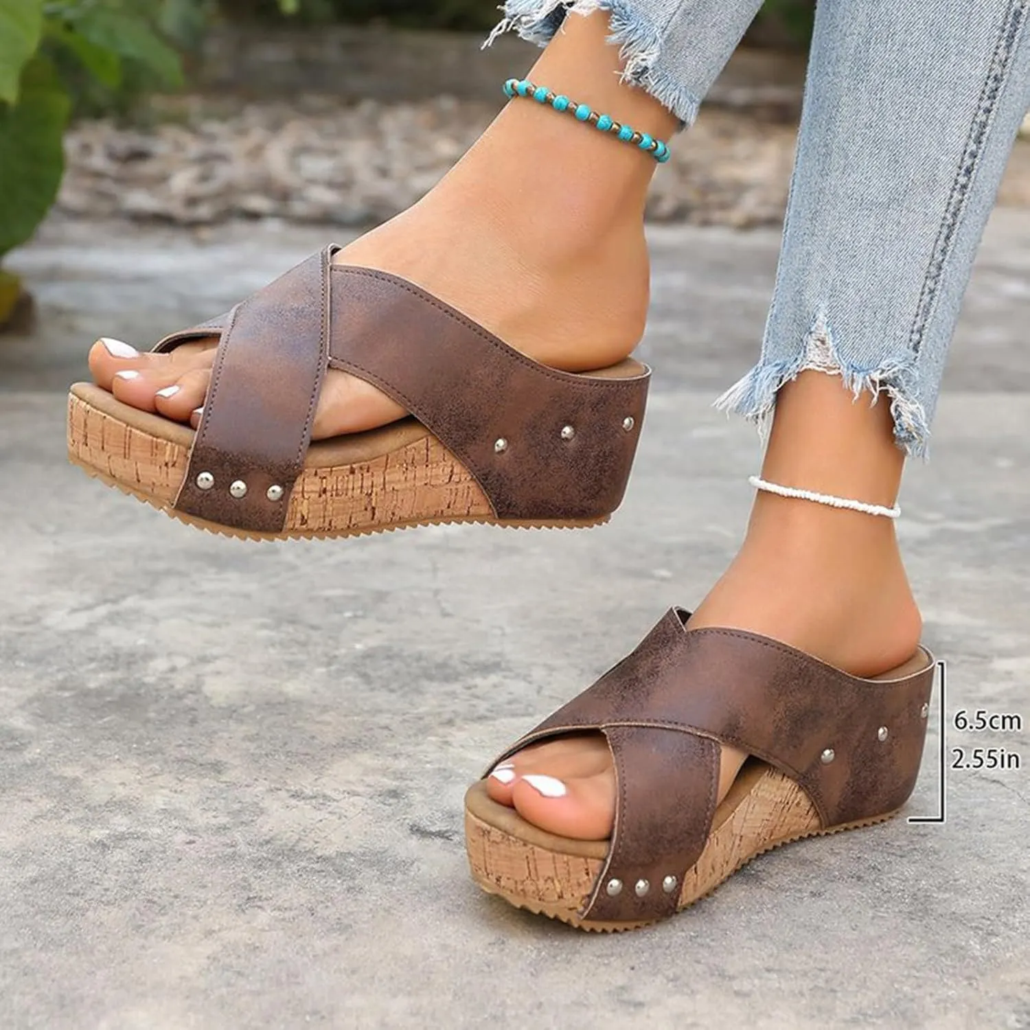 Cork Wedge Sandals for Women 2025 Summer Casual Trendy Comfy Wide Foot Thick Sole Leather Wedge Platform Sandals