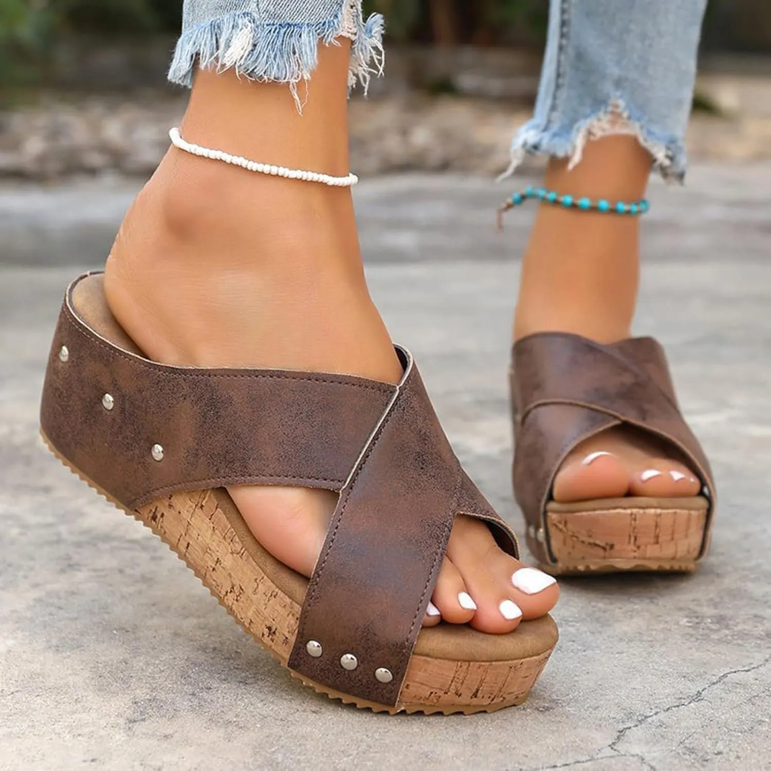 Cork Wedge Sandals for Women 2025 Summer Casual Trendy Comfy Wide Foot Thick Sole Leather Wedge Platform Sandals