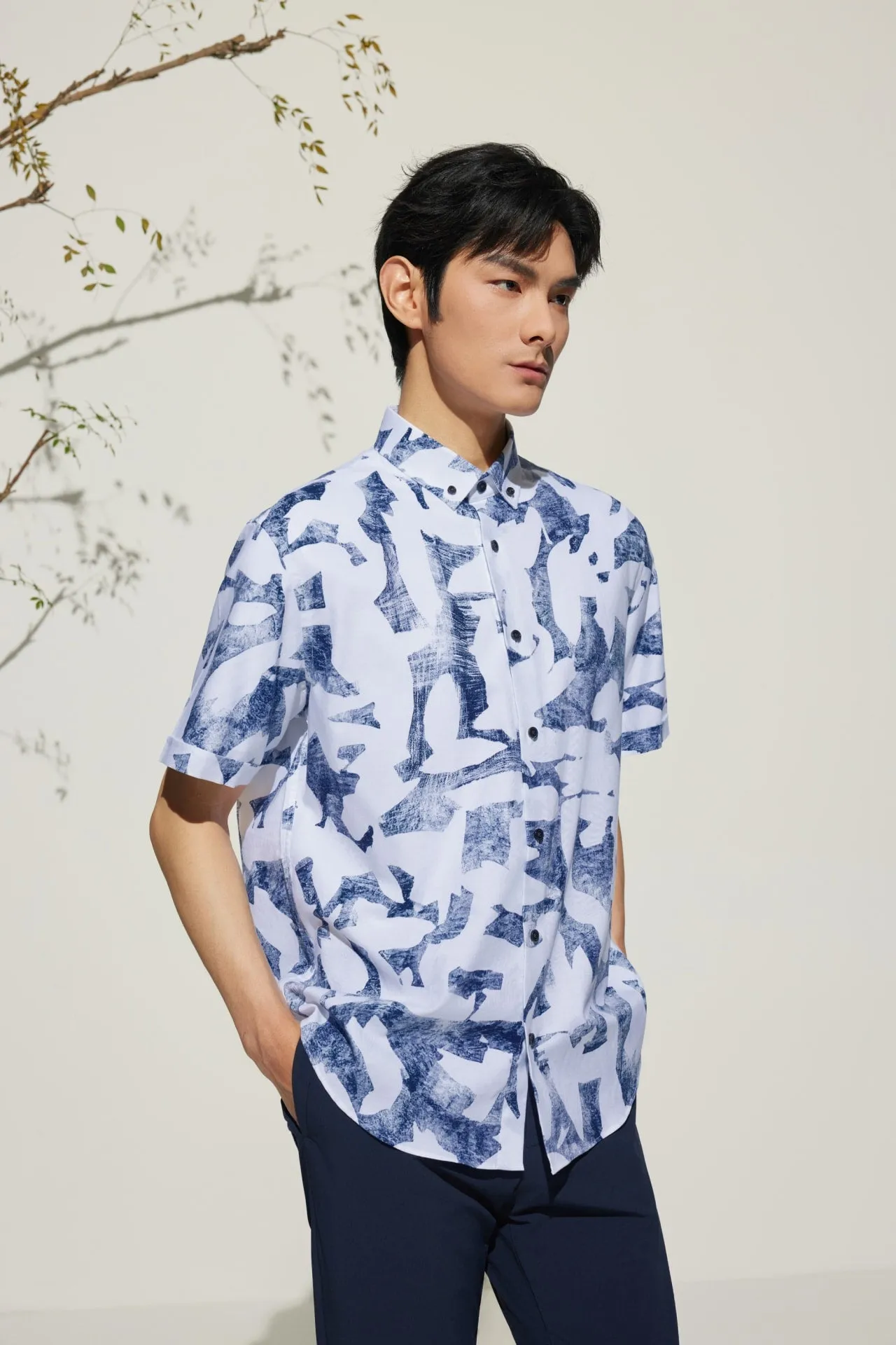 Cotton Oxford Ink Scatter Digital Print Comfort Fit Short Sleeve Casual Shirt