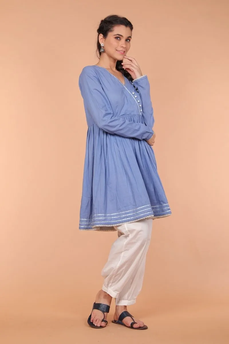 Cotton Suit Set with Gota details in Oxford Blue & White (Set of 2)