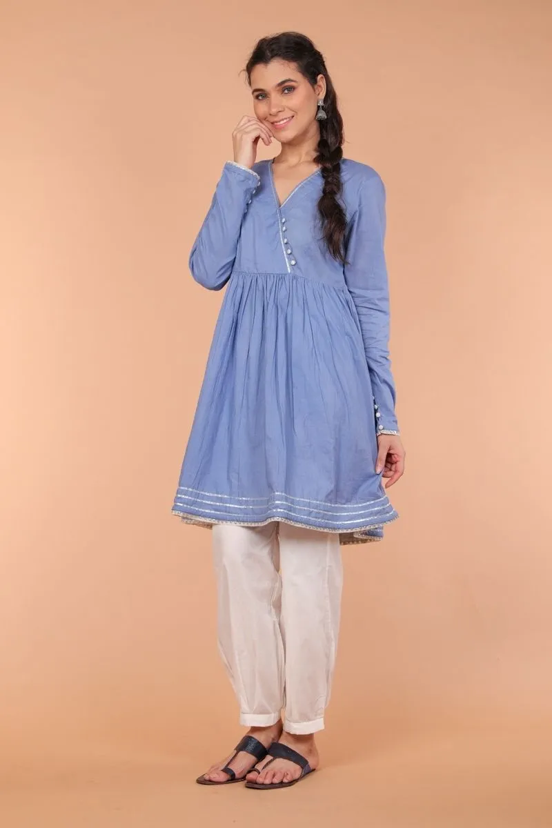 Cotton Suit Set with Gota details in Oxford Blue & White (Set of 2)