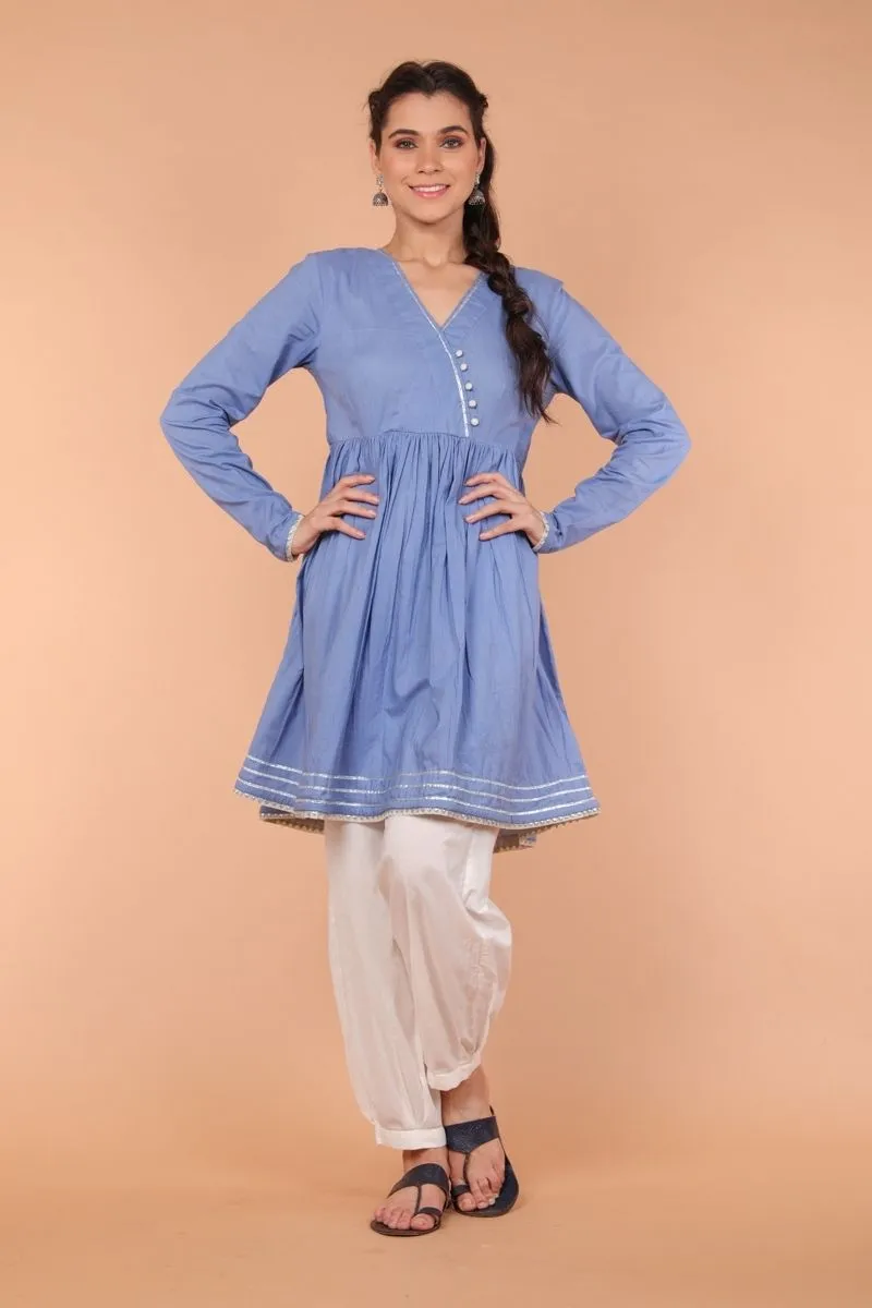 Cotton Suit Set with Gota details in Oxford Blue & White (Set of 2)
