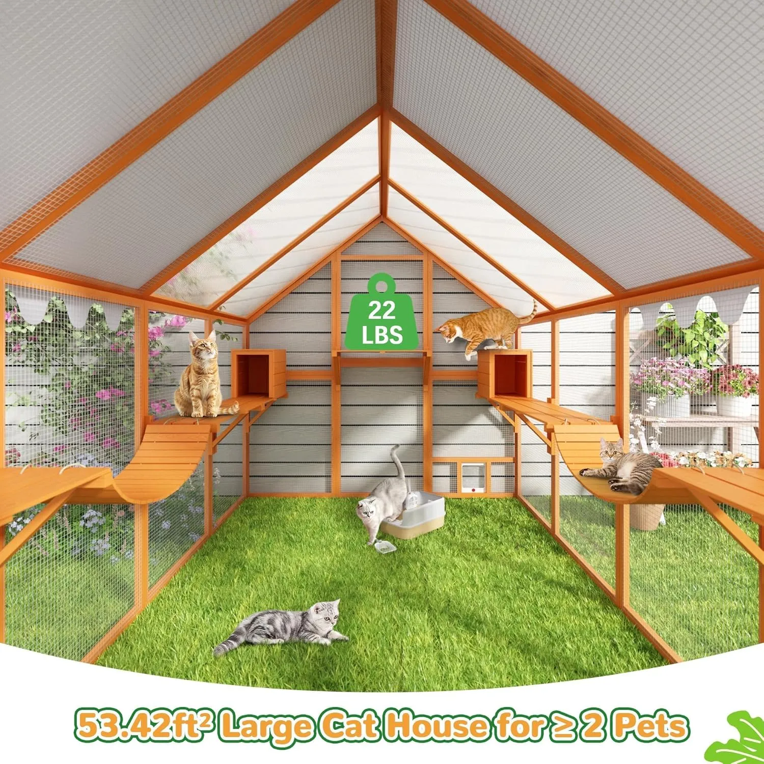 COZIWOW Extra Large Catio Outdoor Cat Enclosure, 53.5ft² Cat Run for Multiple Cats with Weatherproof Roof, Window Walk-in Outside Wooden Cattery, Orange