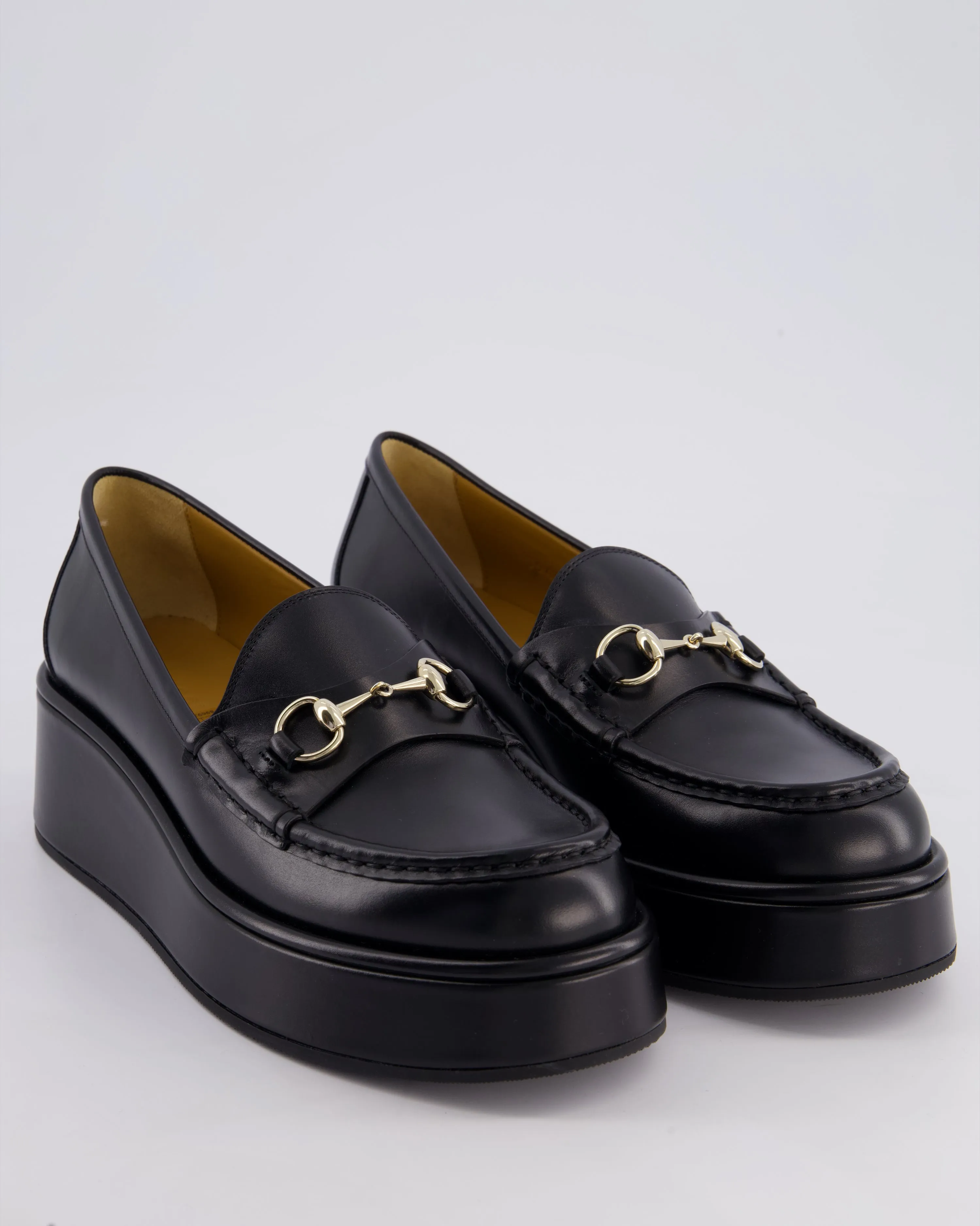 *CURRENT SEASON* Gucci Black Horsebit Wedge Leather Loafers with Champagne Gold Hardware Size EU 38 RRP £875
