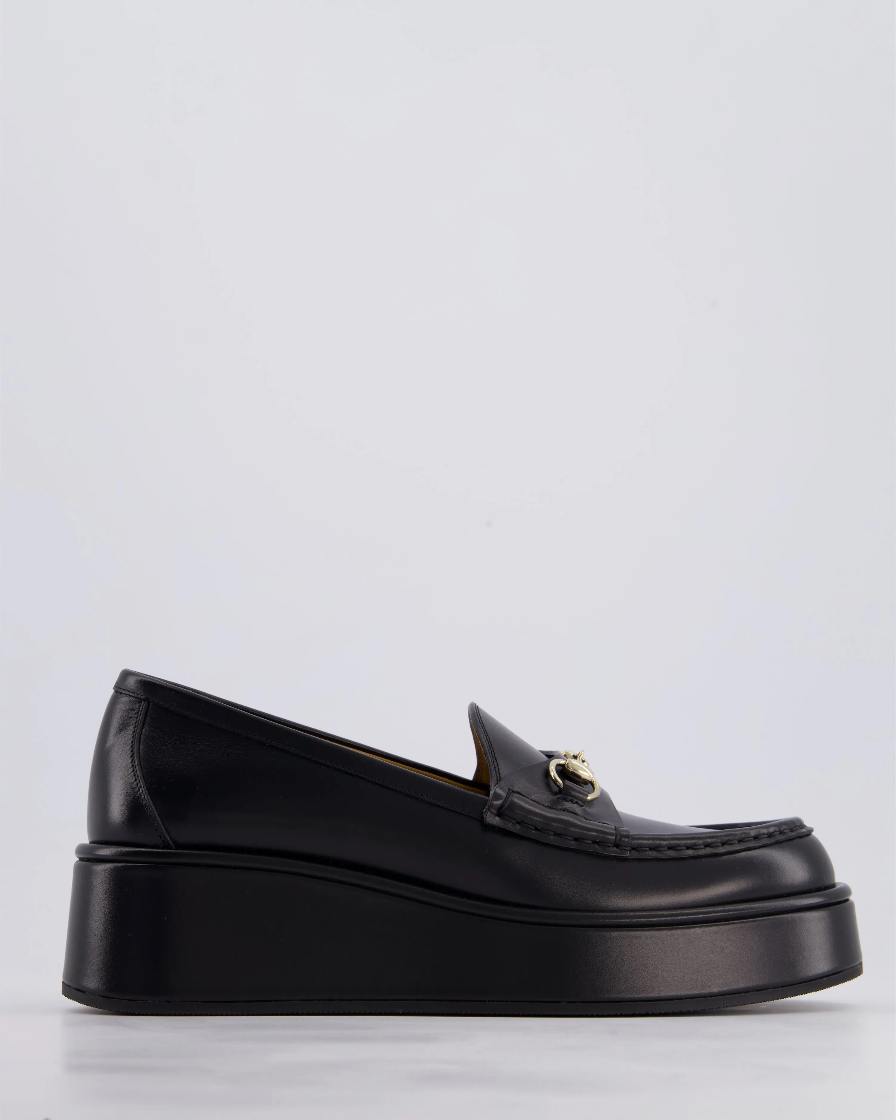 *CURRENT SEASON* Gucci Black Horsebit Wedge Leather Loafers with Champagne Gold Hardware Size EU 38 RRP £875