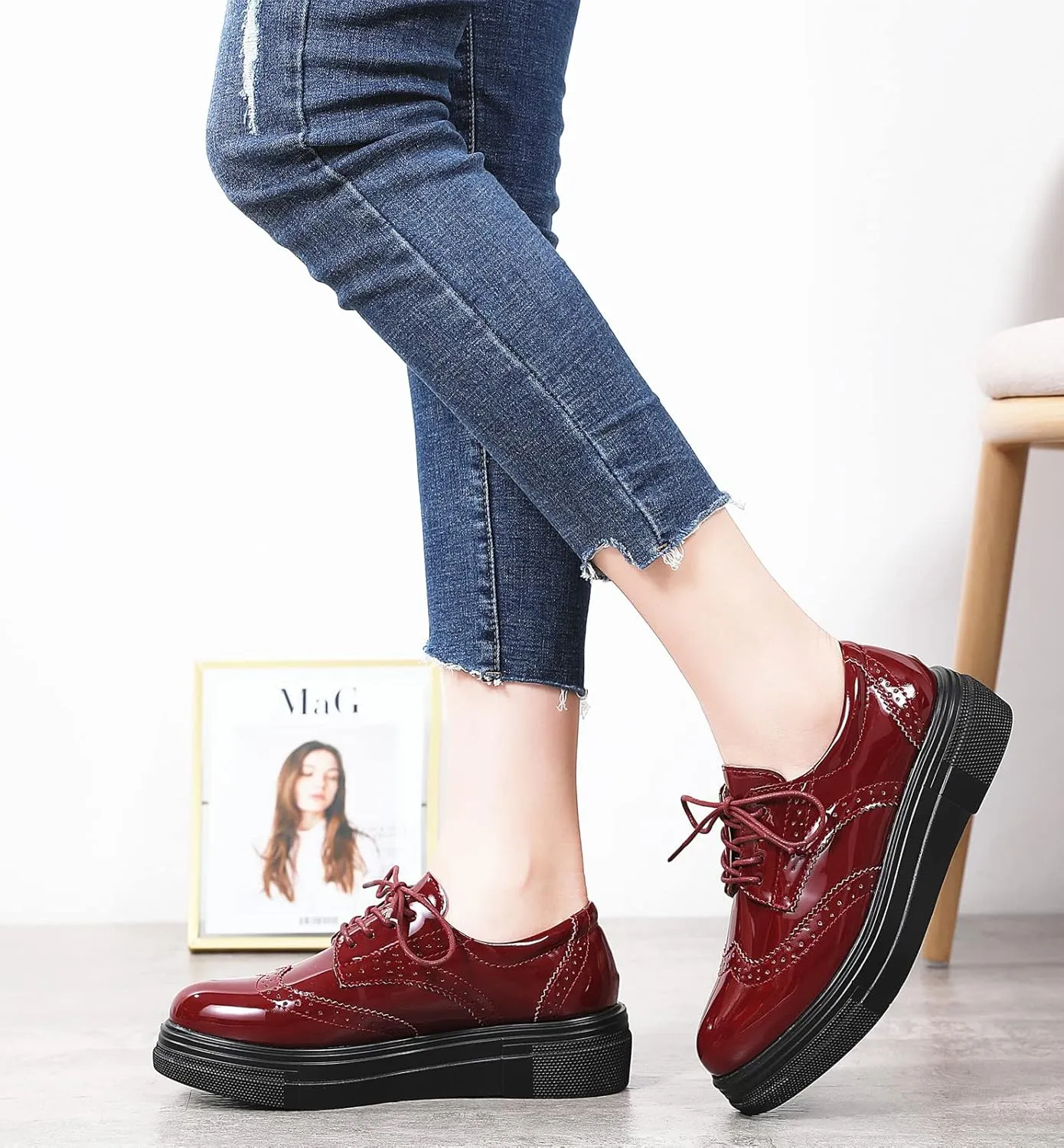 DADAWEN Women's Platform Lace-Up Comfort Wingtips Square Toe Oxford Shoes Brogues