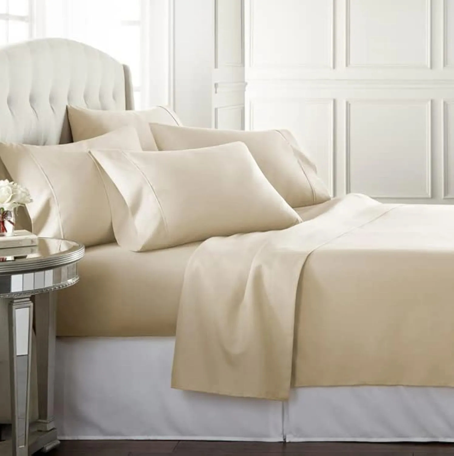Danjor Linens King Sheet Set 6 Piece Hotel Quality Bed Sheet w/ 4 Pillowcases - Microfiber Sheet Sets with Deep Pockets, Breathable Cooling Wrinkle Free, Machine Washable for King Size Bed, Cream