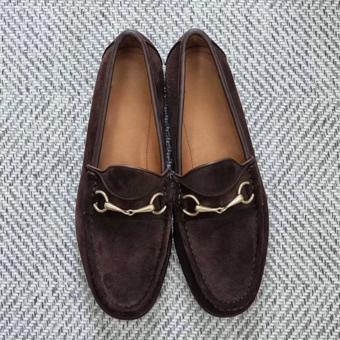 Dark Brown Suede Horsebit Loafers.