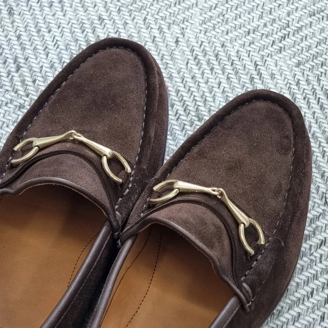 Dark Brown Suede Horsebit Loafers.