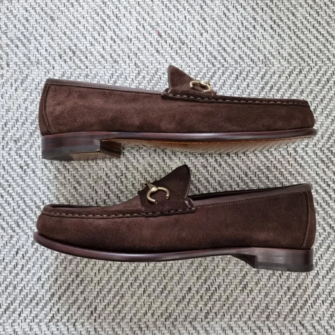Dark Brown Suede Horsebit Loafers.