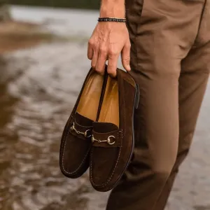 Dark Brown Suede Horsebit Loafers.