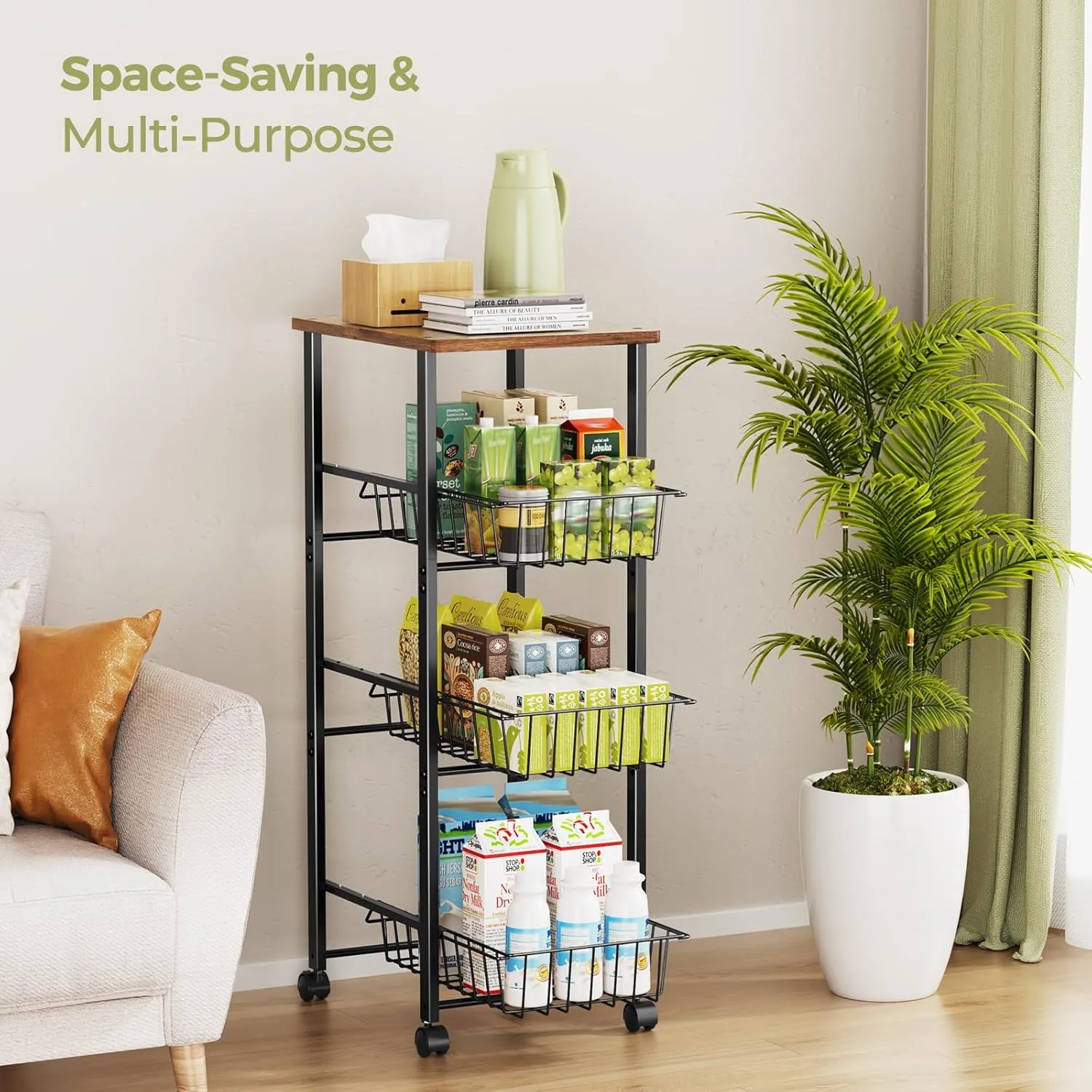 Delamu Kitchen Organizer and Storage Cart, 4-Tier Rolling Utility Cart with Wheels, Slide-Out Baskets and Table Top, for Fruit Potato Onion Vegetable Snack, W11.8''xD16.45''xH42.44'',Black