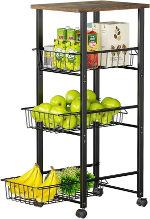 Delamu Kitchen Organizer and Storage Cart, 4-Tier Rolling Utility Cart with Wheels, Slide-Out Baskets and Table Top, for Fruit Potato Onion Vegetable Snack, W11.8''xD16.45''xH42.44'',Black