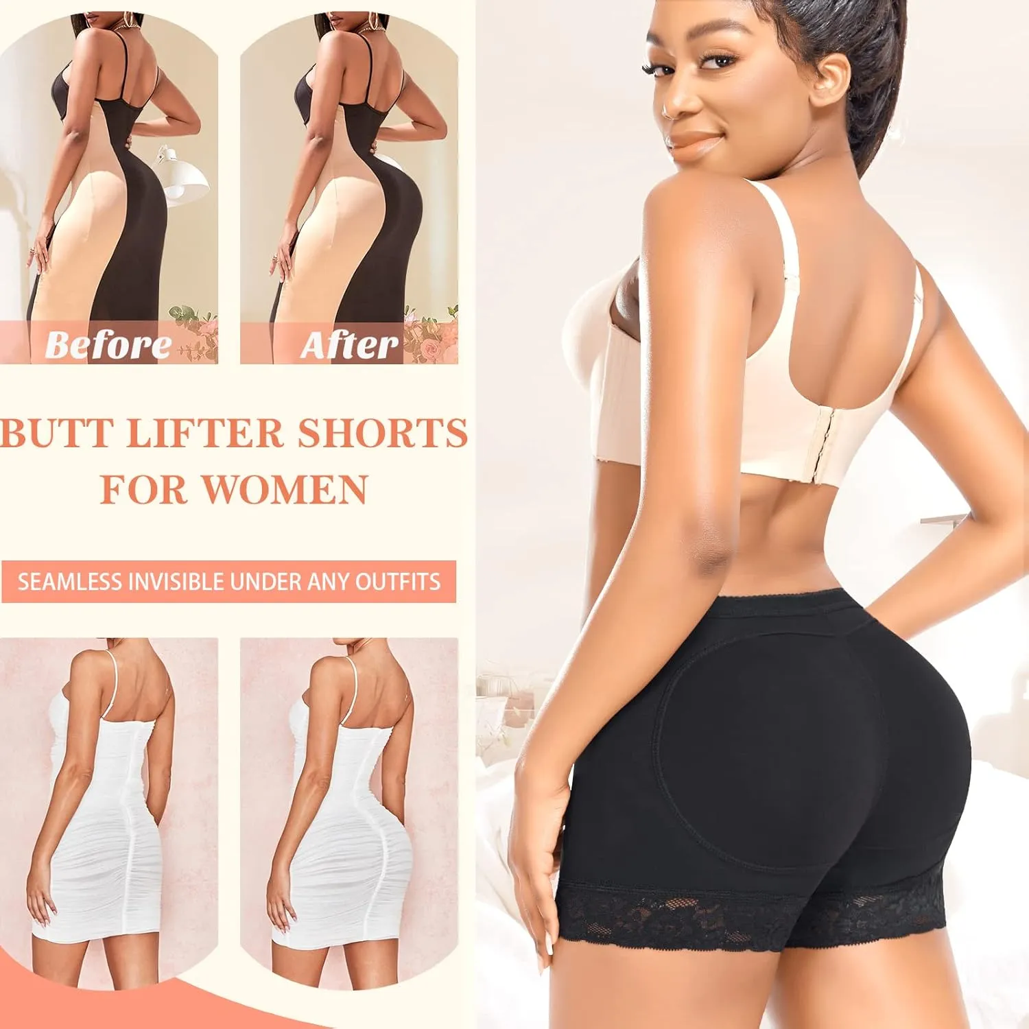 DERCA Padded Underwear for Women Butt Lifter Seamless Booty Pads Butt Enhancer Panties Lace Shapewear Boyshorts