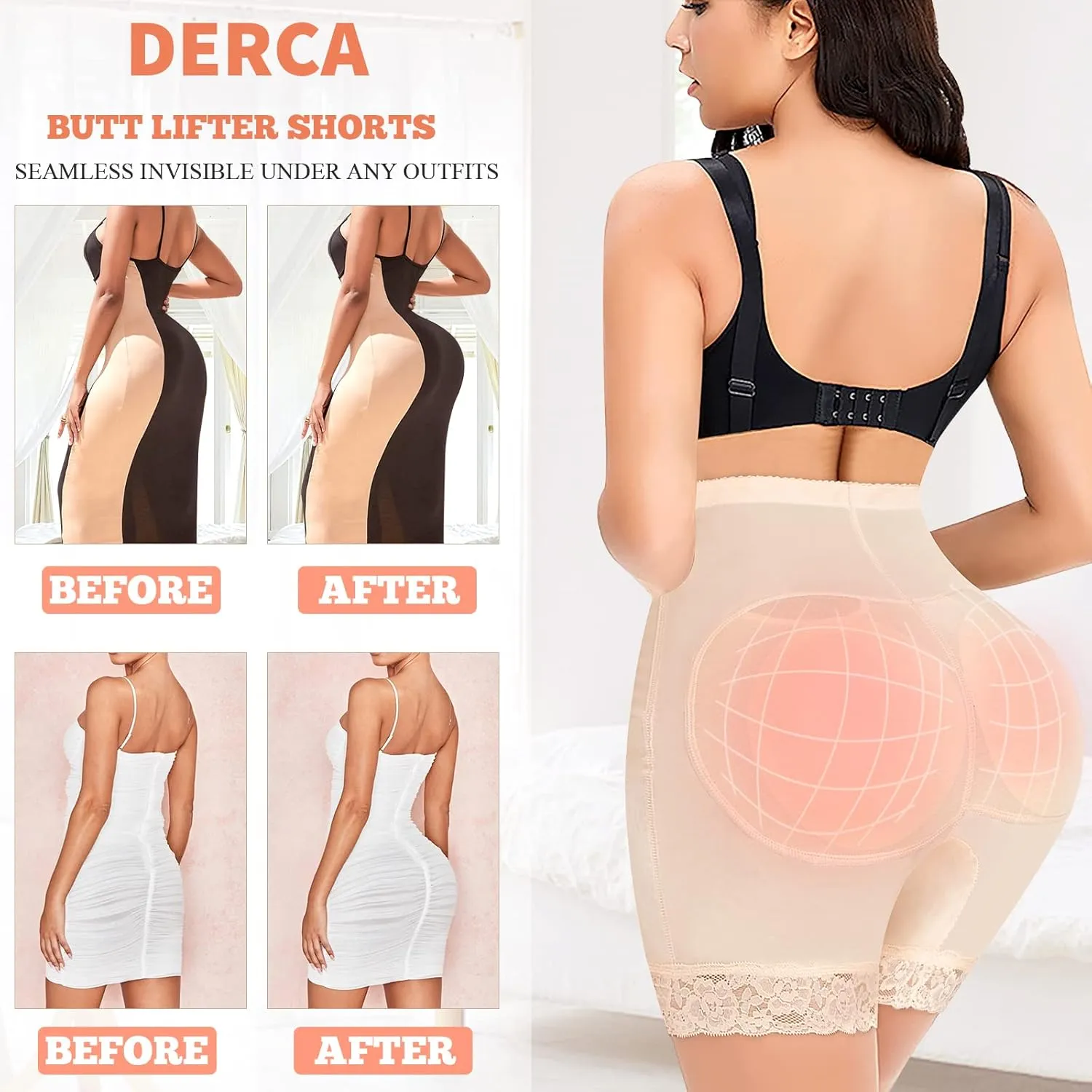 DERCA Padded Underwear for Women Butt Lifter Seamless Booty Pads Butt Enhancer Panties Lace Shapewear Boyshorts