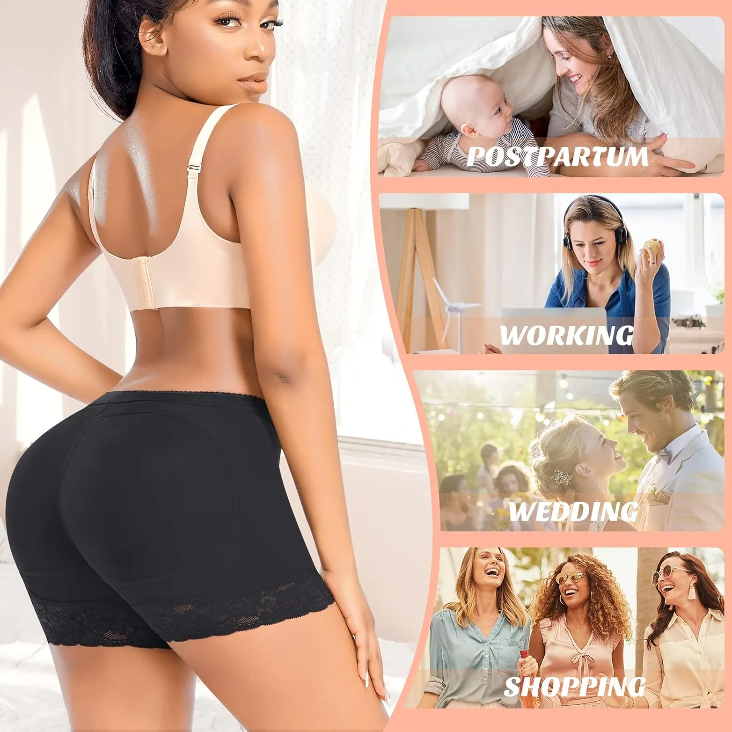 DERCA Padded Underwear for Women Butt Lifter Seamless Booty Pads Butt Enhancer Panties Lace Shapewear Boyshorts