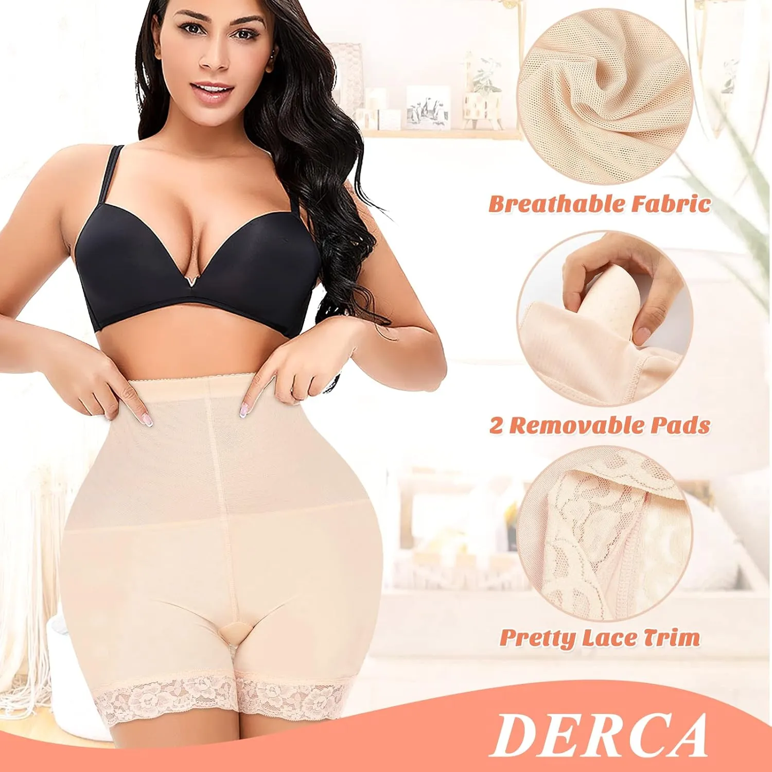 DERCA Padded Underwear for Women Butt Lifter Seamless Booty Pads Butt Enhancer Panties Lace Shapewear Boyshorts