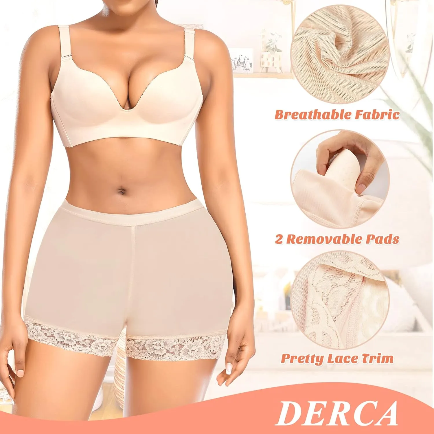 DERCA Padded Underwear for Women Butt Lifter Seamless Booty Pads Butt Enhancer Panties Lace Shapewear Boyshorts