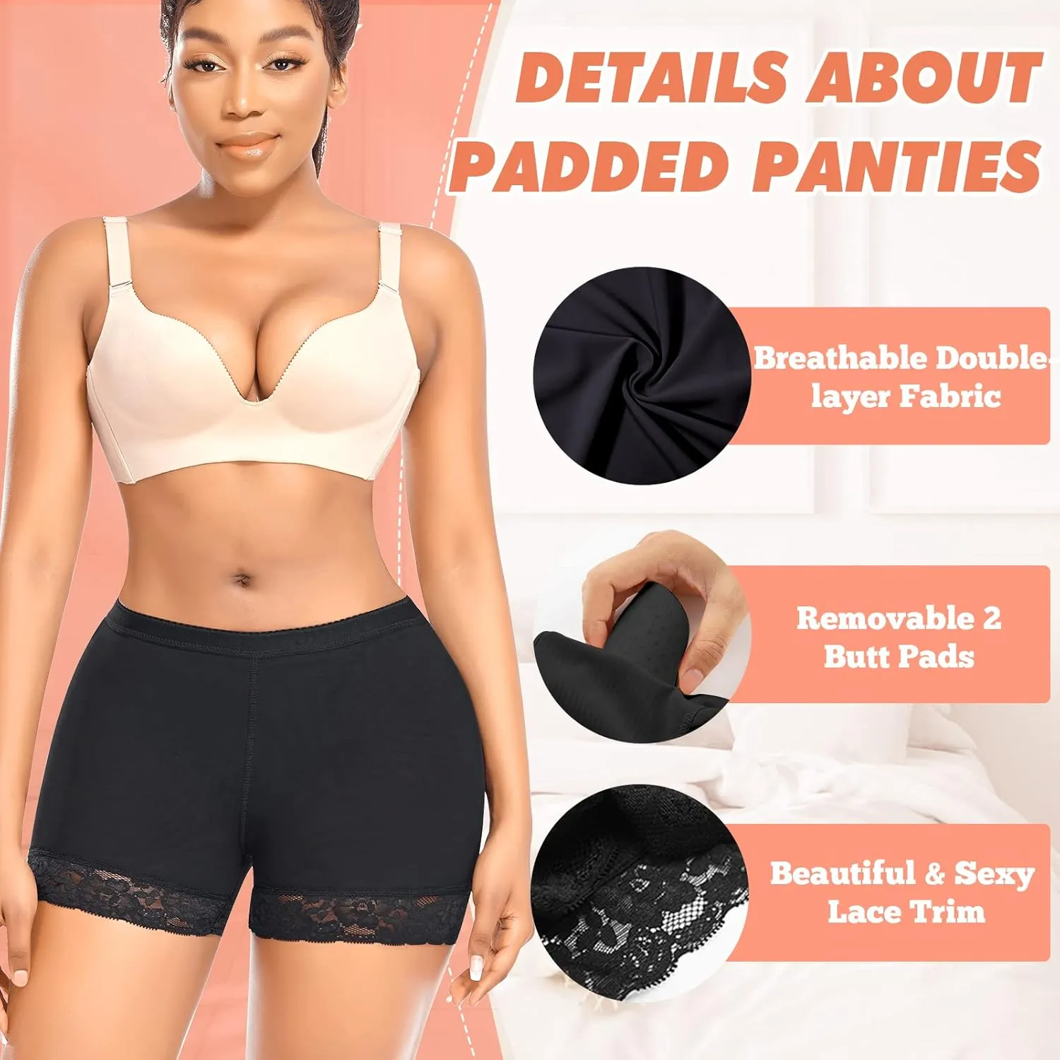 DERCA Padded Underwear for Women Butt Lifter Seamless Booty Pads Butt Enhancer Panties Lace Shapewear Boyshorts