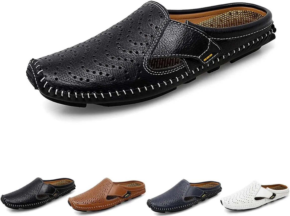 DESESE Men's Leather Flat Mules Comfy Clog Slippers Breathable Punching Leather Slip on Shoes Non-Slip Casual Loafers