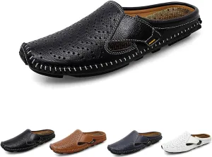 DESESE Men's Leather Flat Mules Comfy Clog Slippers Breathable Punching Leather Slip on Shoes Non-Slip Casual Loafers