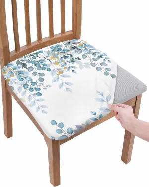 Dining Room Chair Seat Cover Vintage Blue Eucalyptus Leaves Stretch Removable Chair Cushion Protector Washable Slipcovers for Home Kitchen Hotel Wedding Party Decor Countryside Plants 2PCS