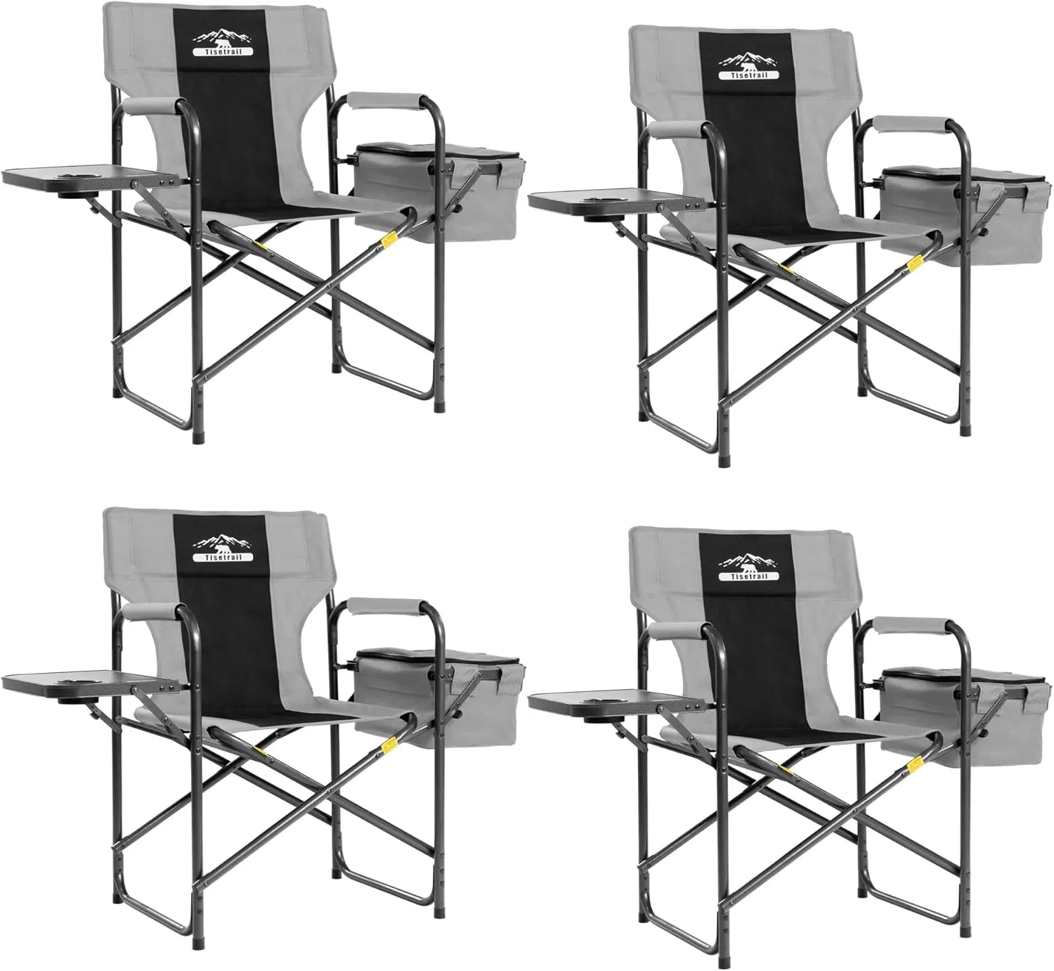 Director Camping Chairs with Cooler Bag & Foldable Side Tray - Set of 4 Heavy-Duty Outdoor Folding Lawn Chairs (400lbs Capacity, Black & Gray)