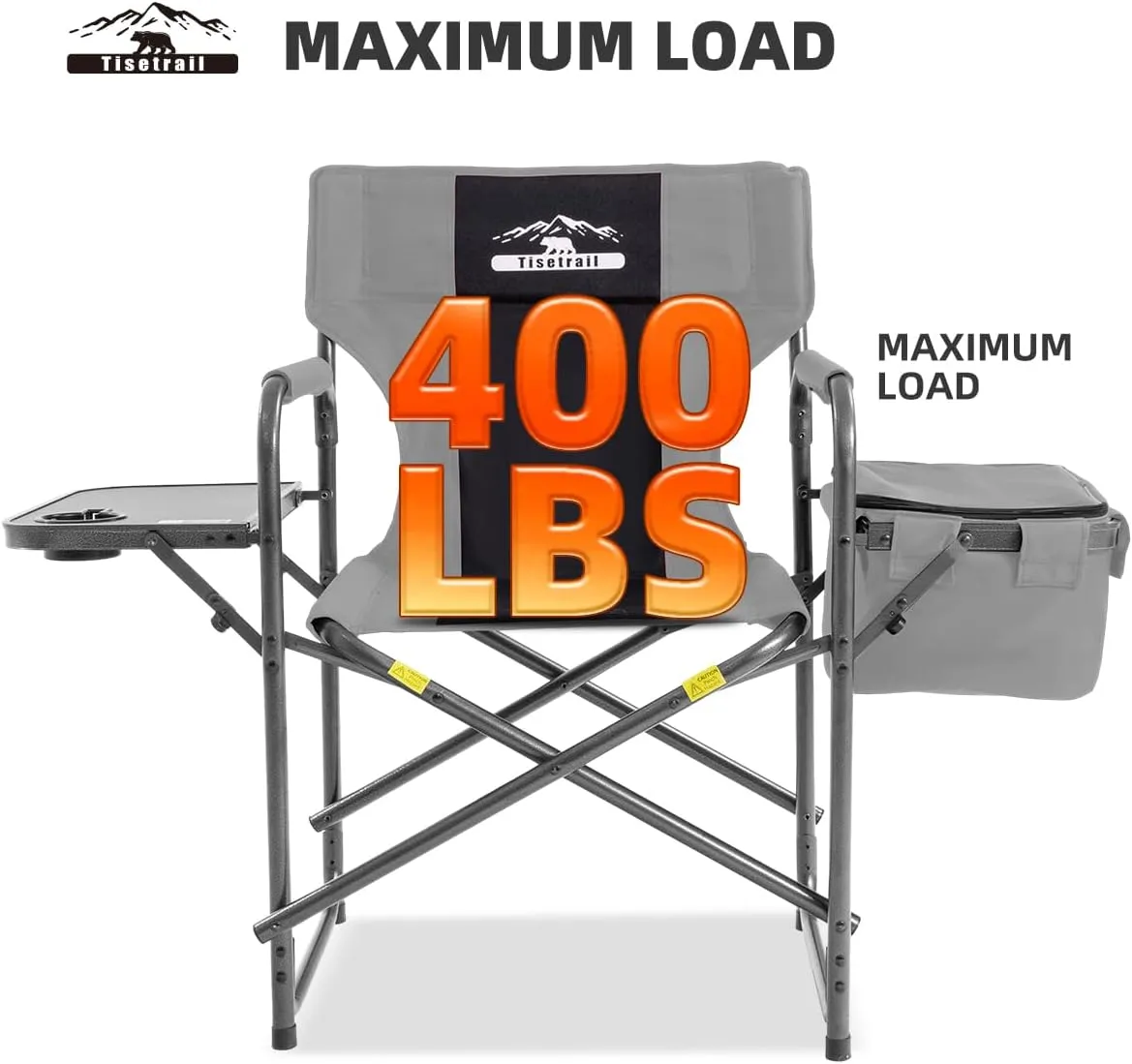 Director Camping Chairs with Cooler Bag & Foldable Side Tray - Set of 4 Heavy-Duty Outdoor Folding Lawn Chairs (400lbs Capacity, Black & Gray)