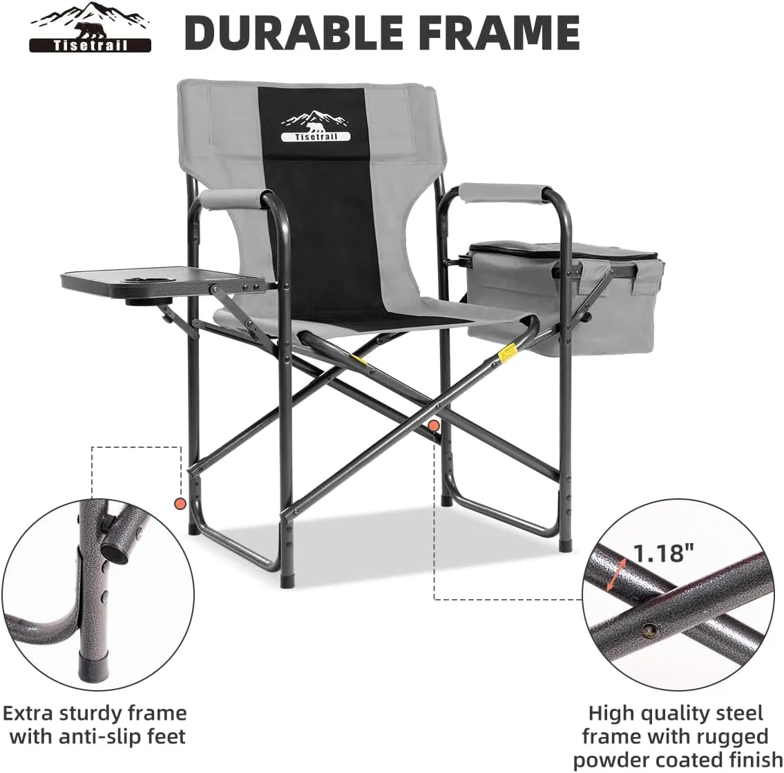Director Camping Chairs with Cooler Bag & Foldable Side Tray - Set of 4 Heavy-Duty Outdoor Folding Lawn Chairs (400lbs Capacity, Black & Gray)