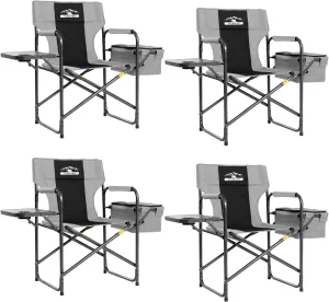Director Camping Chairs with Cooler Bag & Foldable Side Tray - Set of 4 Heavy-Duty Outdoor Folding Lawn Chairs (400lbs Capacity, Black & Gray)