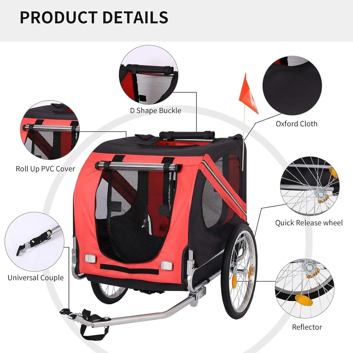 Dog Bike Trailer, Pet Cart Bicycle Wagon Cargo Carrier Attachment for Travel for Off-Road & Mesh Screen, Safety Flag