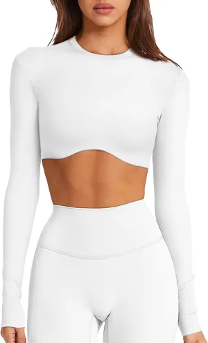 Double Lined Long Sleeve Crop Tops for Women Sexy High Neck Workout Tops Athletic Gym Shirts Running Cropped Tops