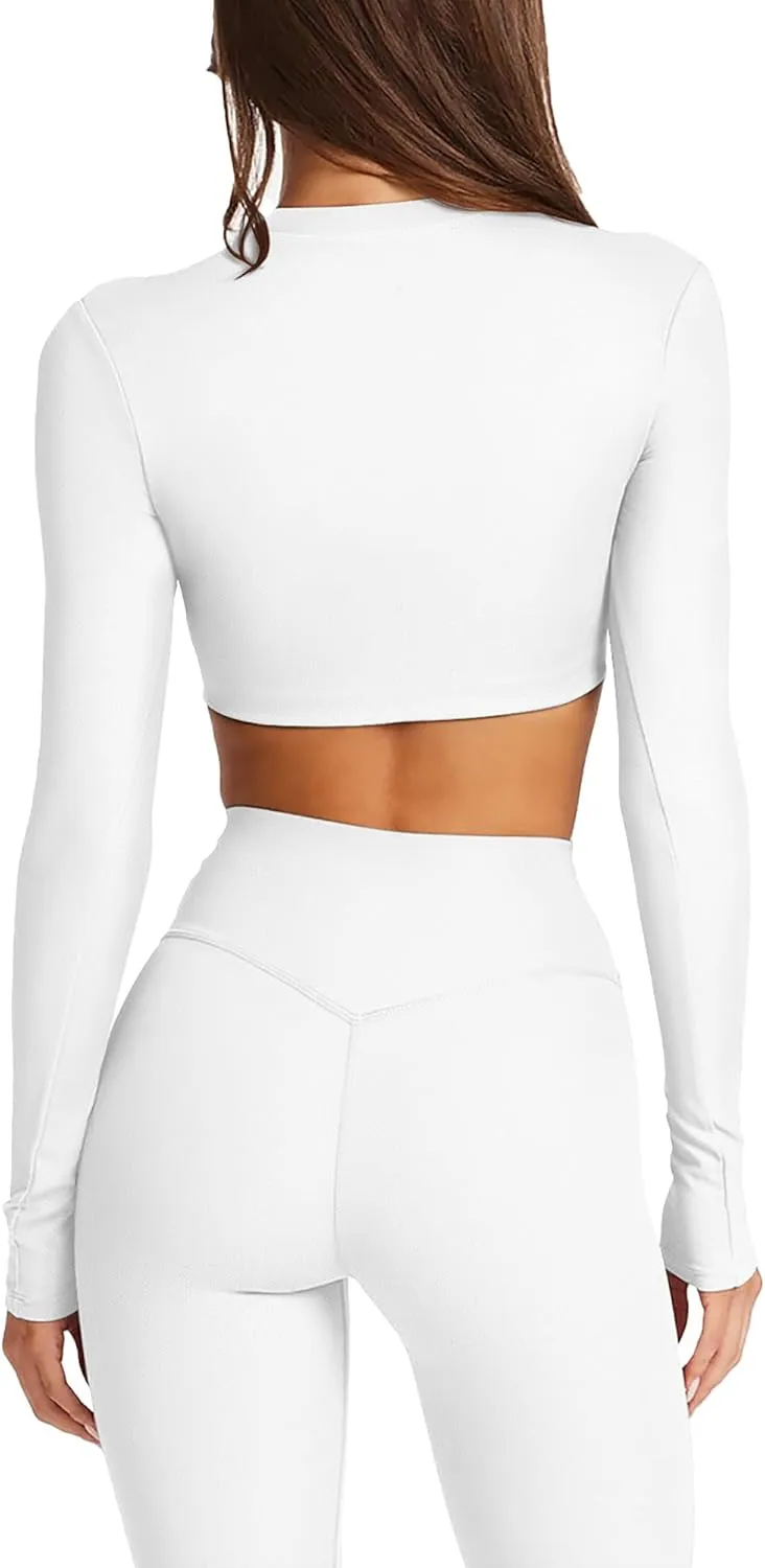 Double Lined Long Sleeve Crop Tops for Women Sexy High Neck Workout Tops Athletic Gym Shirts Running Cropped Tops