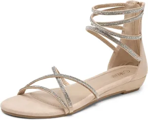 DREAM PAIRS Women's Ankle Strap Flat Sandals Summer Dressy Strappy Gladiator Rhinestones Sandals